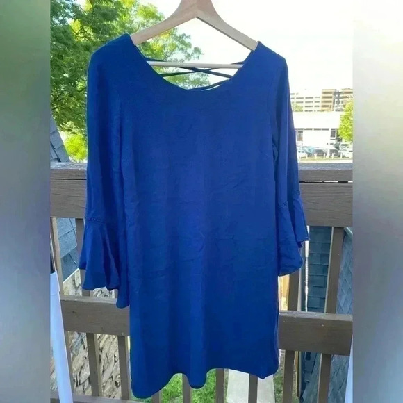 Charming Charlie S Navy blue flowy dress ruffled sleeves crisscross back - Picture 2 of 9